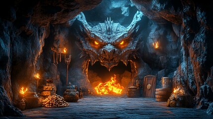 Dragon's Lair Fantasy Cave Entrance with Treasure.  Game,  movie,  or book cover art