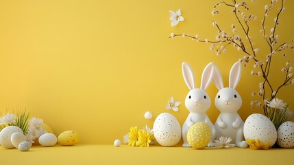 Easter bunnies, eggs, flowers, spring branches, yellow background; greeting card