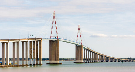Panoramic view of the Saint-Nazaire bridge in France, a cable-stayed bridge built in 1974 over the...