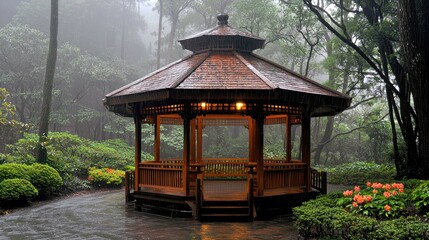 Wooden Gazebo in a Misty Forest Rain. Peaceful Garden Architecture, Tranquil Nature Scene