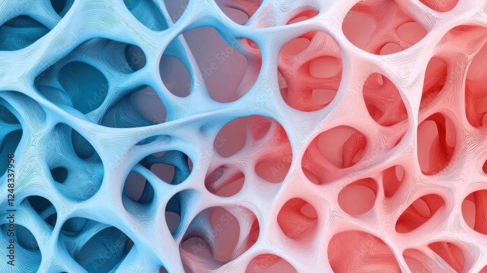 Poster A vibrant abstract design featuring intertwined blue and red structures, resembling a porous material or biological network, showcasing depth and complexity.