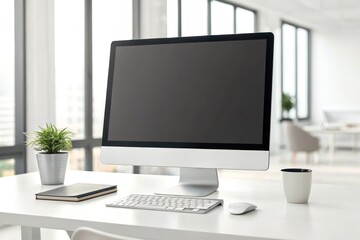 Fototapeta premium Desk workspace with desktop computer, notebook, and coffee cup in an office