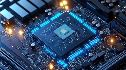 Fototapeta premium Sleek AI CPU Chip Surrounded by Glowing Blue Circuits and Lights