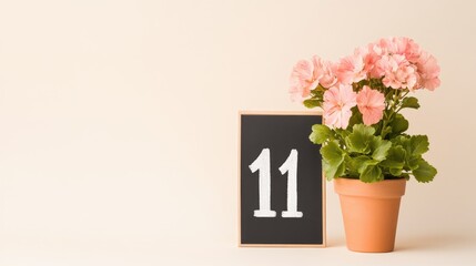 Fototapeta premium A charming indoor scene featuring a potted pink flower plant beside a chalkboard displaying the number 11