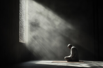 Silhouette of a Man Praying in a Mosque with Sunlight Rays.
Ramadan concept.
