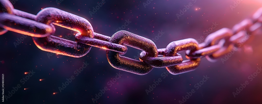 Poster A close-up view of a metallic chain, highlighted by vibrant colors and a soft-focus background, conveying strength and connection.