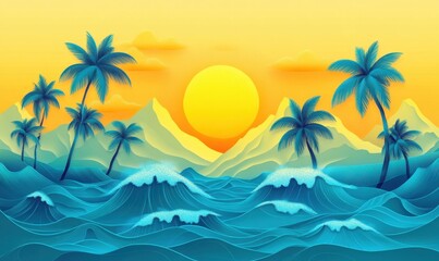 Fototapeta premium Tropical sunset ocean waves palm trees beach landscape; summer vacation travel poster