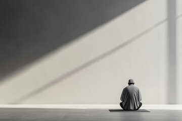 A man meditating sitting against the wall.
Back view.