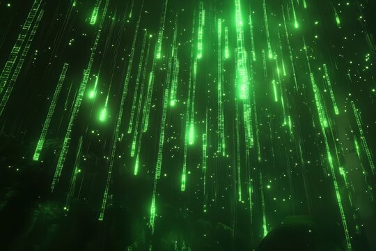 Bright green digital code streams vertically, resembling a futuristic matrix, creating an immersive sci fi atmosphere in a virtual space