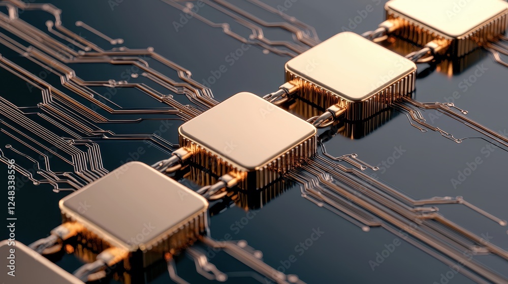 Poster A close-up view of interconnected gold components on a circuit board, showcasing intricate electronic design and technology.
