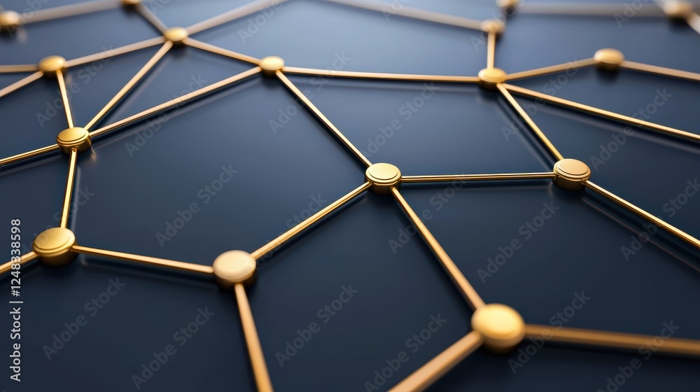 Poster A close-up view of a network of interconnected lines and nodes, showcasing a modern, abstract design with gold and black elements.