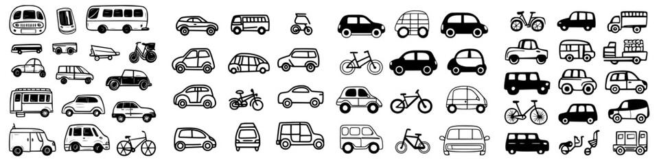 Various types of vehicles illustrated in a black and white design, showcasing diverse transportation options in a creative format