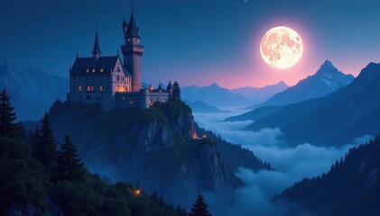 Fototapeta premium Imposing castle, moonlit night, jagged mountains, spooky, night sky