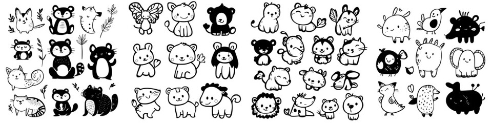 Cute black and white animal illustrations featuring various characters and designs for children's art and decor