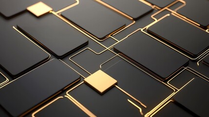 A modern, abstract design featuring black and gold geometric shapes interconnected by fine lines, evoking technology and sophistication.