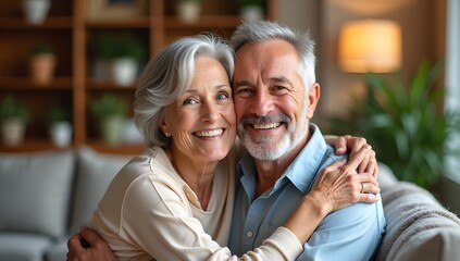 Obraz premium Smiling senior couple together at home showing love and care in their retirement years