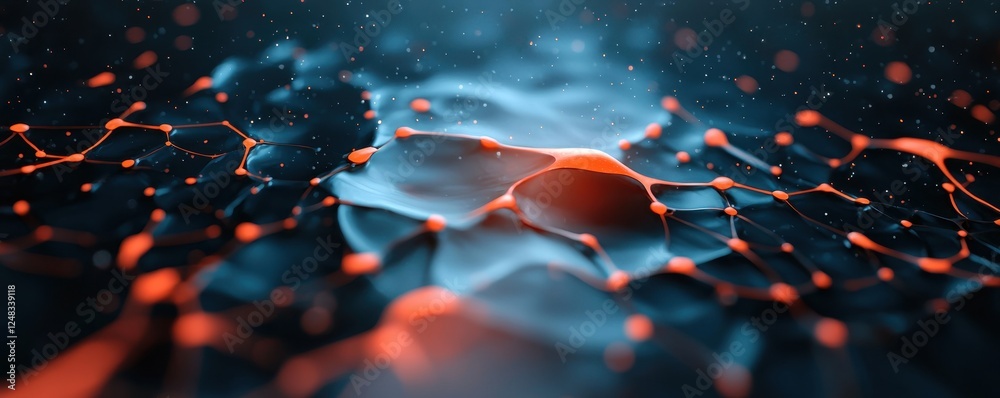 Poster a vibrant abstract image showcasing interconnected nodes in blue and orange tones, evoking themes of