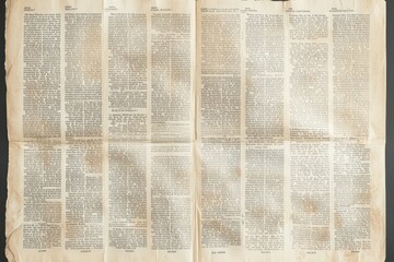 Obraz premium Aged historical document featuring detailed text columns and visible wear, showcasing the texture and patina of old paper