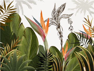 tropical jungle banana leaves strelitzia and flowers watercolor illustration on white background wallpaper