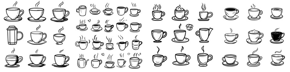 Obraz premium Various styles of coffee cups with steaming beverages depicted in black and white illustrations arranged in a creative pattern