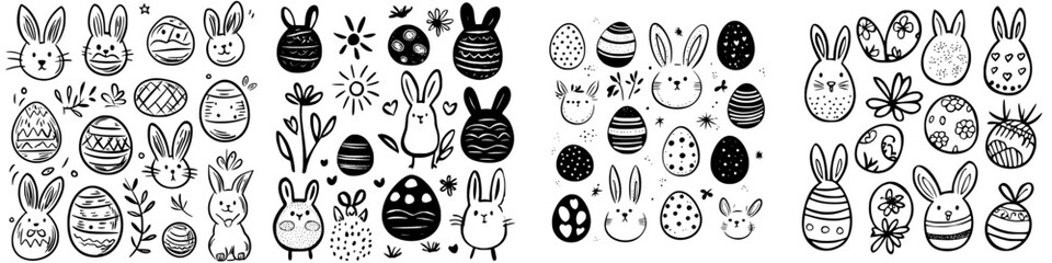 Festive black and white illustrations featuring rabbits, eggs, and flowers for spring celebrations