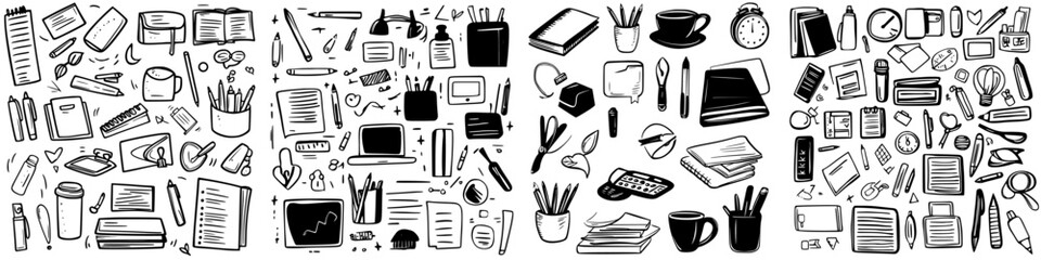 Creative workspace design featuring a variety of office supplies and tools for productivity in a monochrome style
