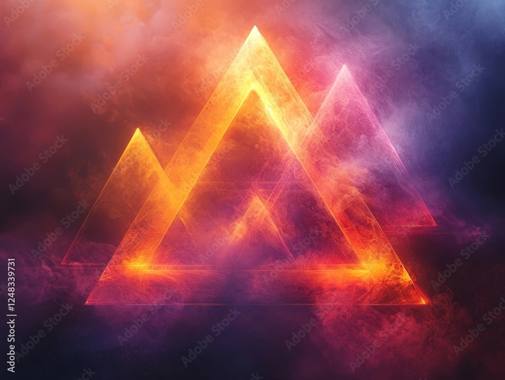 Poster futuristic geometric abstraction with glowing intersecting translucent triangles