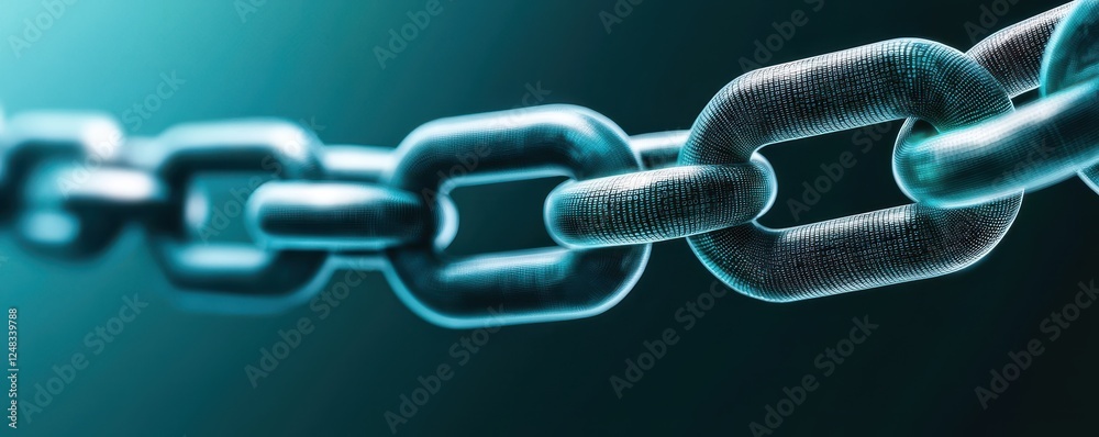 Poster a close-up of a metallic chain link, showcasing its texture and shine against a dark blue background