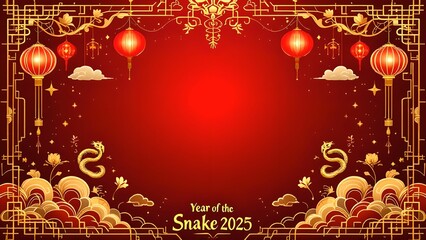 Naklejka premium An elegant red and gold Chinese New Year background adorned with glowing lanterns, delicate floral patterns, and intricate cloud motifs symbolizing prosperity and harmony.