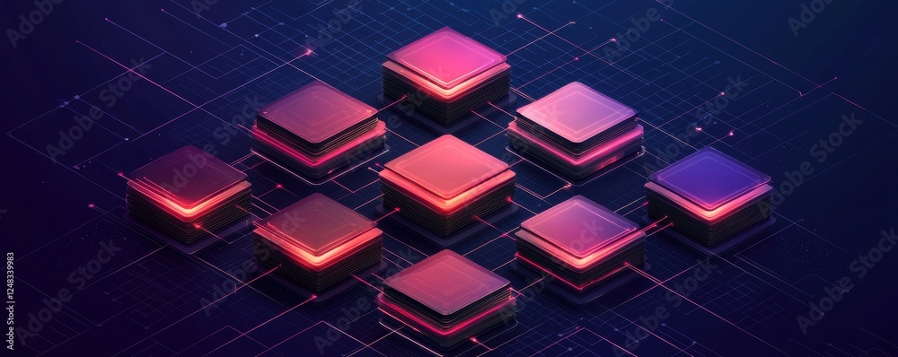 Poster a vibrant digital representation of stacked geometric shapes, emphasizing technology and innovation 