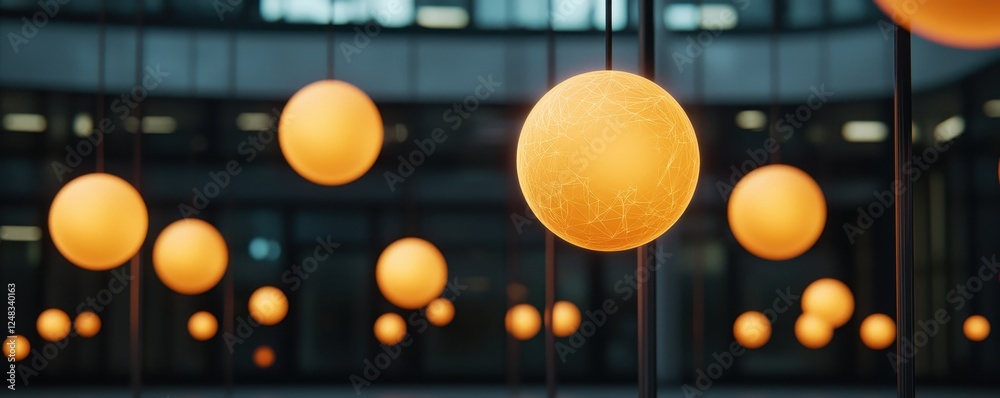 Poster a close-up view of glowing orange spheres suspended in a modern indoor space, creating a warm and in