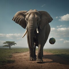 A surreal art piece of an elephant carrying a tiny Earth on its back, representing the balance of nature.