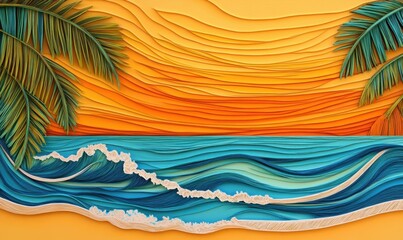 Tropical sunset ocean waves paper art, summer vacation background (1)