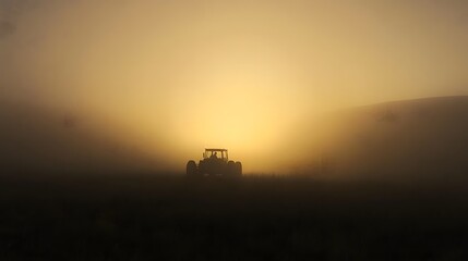 Silhouetted tractor works in a field shrouded by dense fog