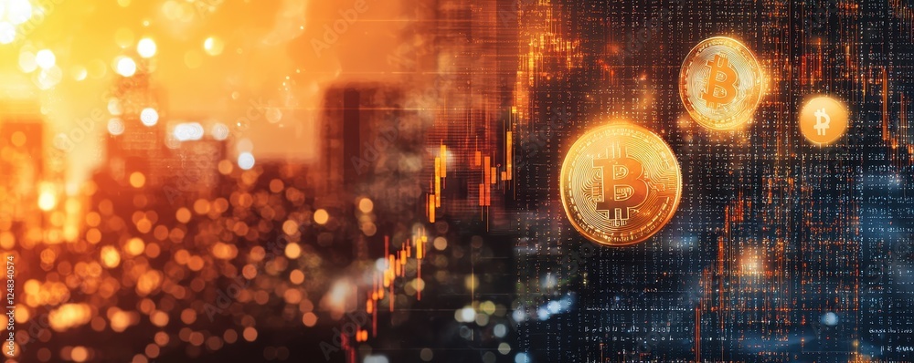 Poster a vibrant digital representation of cryptocurrency, highlighting bitcoin amidst a backdrop of urban 