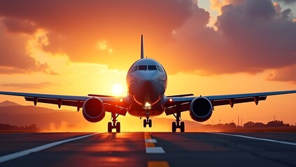 Obraz premium A commercial airliner makes its sunset landing