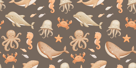Seamless brown pattern with cute baby whale, octopus and seahorse, sea animals, watercolor hand drawn isolated repeating design on dark for kids © Elena