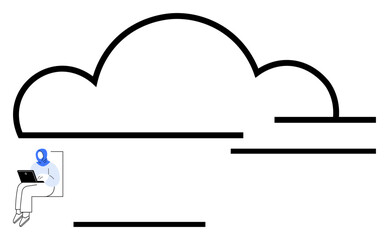 Person working on a laptop beside a large cloud outline with abstract lines. Ideal for technology, networking, data storage, remote work, innovation, IT solutions, abstract line flat metaphor