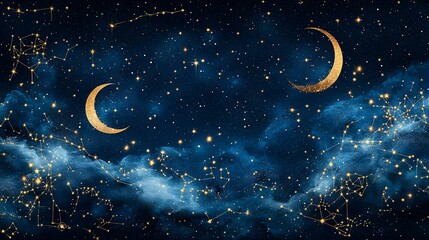 Golden crescent moons and constellations shine brightly in a dreamy night sky, perfect for fantasy or celestial themed designs