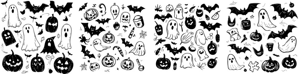 Obraz premium Spooky Halloween themed doodles featuring ghosts, bats, pumpkins, and candy scattered across a playful design