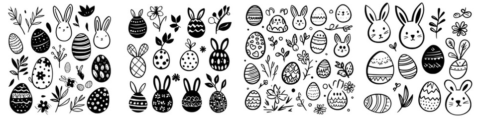 Diverse collection of hand-drawn bunnies and decorated eggs in a whimsical spring theme for seasonal celebrations