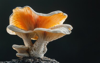 A surreal floating mushroom mix captured mid air with glowing textures on a near black background