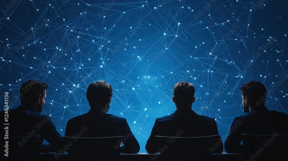 Poster silhouettes of four individuals facing a digital network backdrop, symbolizing connection and techno