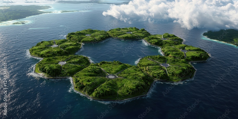 Poster aerial view of a circular arrangement of lush green islands surrounded by blue ocean, creating a str
