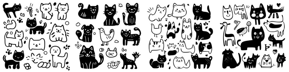 Collection of playful black and white cat illustrations capturing various poses and expressions at a creative market event