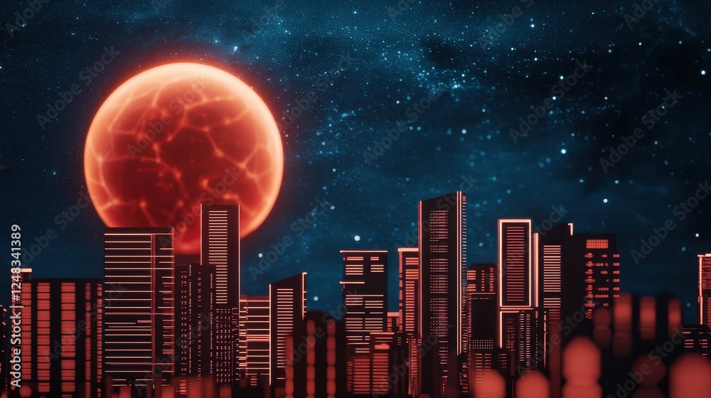 Poster a futuristic city skyline illuminated by a large red moon against a starry night sky, creating a vib