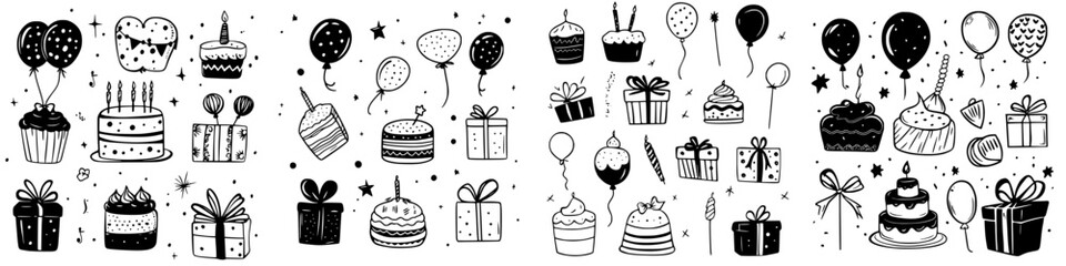 Celebratory decorations featuring cakes, balloons, and gifts for a festive occasion