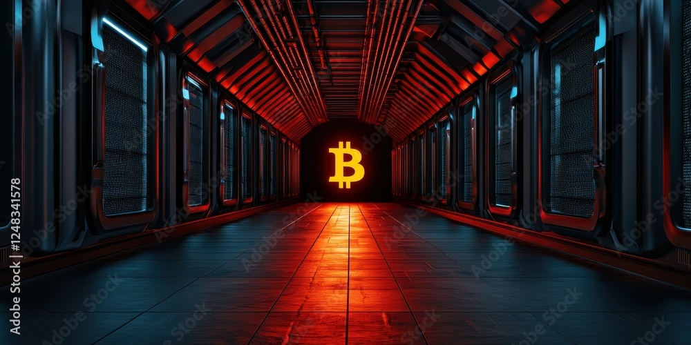 Poster A futuristic corridor illuminated by a glowing Bitcoin symbol, creating a tech-inspired ambiance.