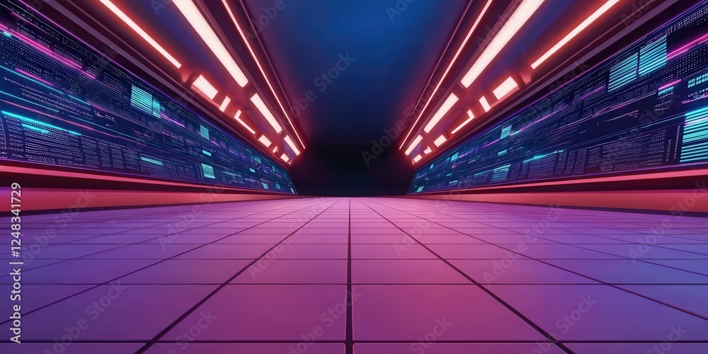 Poster a vibrant, futuristic corridor illuminated by neon lights, featuring a sleek, tiled floor and digita