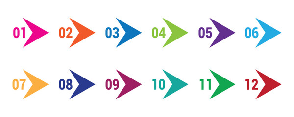 Arrow direction colorful number bullet points from one to twelve. Creative vector illustration of number bullet points set 1 to 12 isolated on white background.